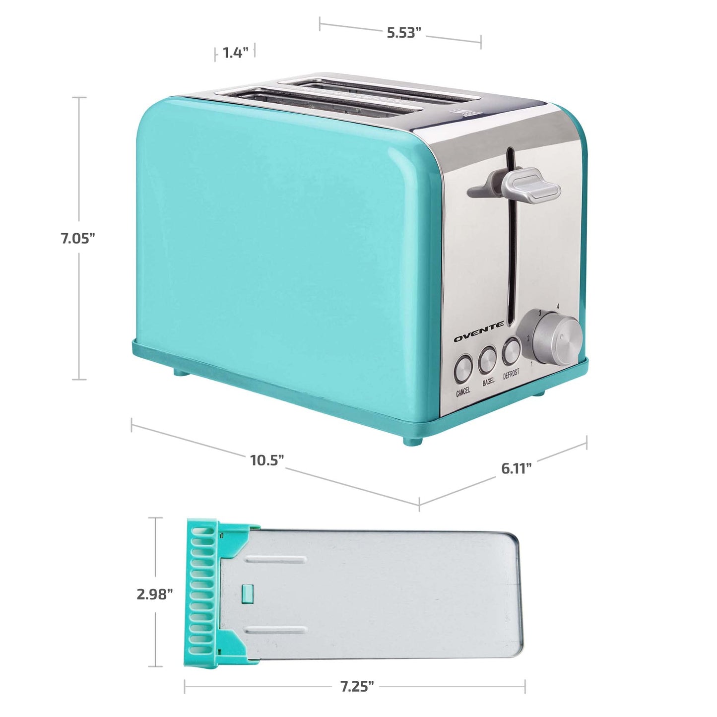 OVENTE 2-Slice Electric Toaster, 825W with 6 Browning Settings, Bagel, Defrost, Cancel Functions, Extra-Wide Slots, Stainless Steel Retro Countertop Toaster, Turquoise TS2450T