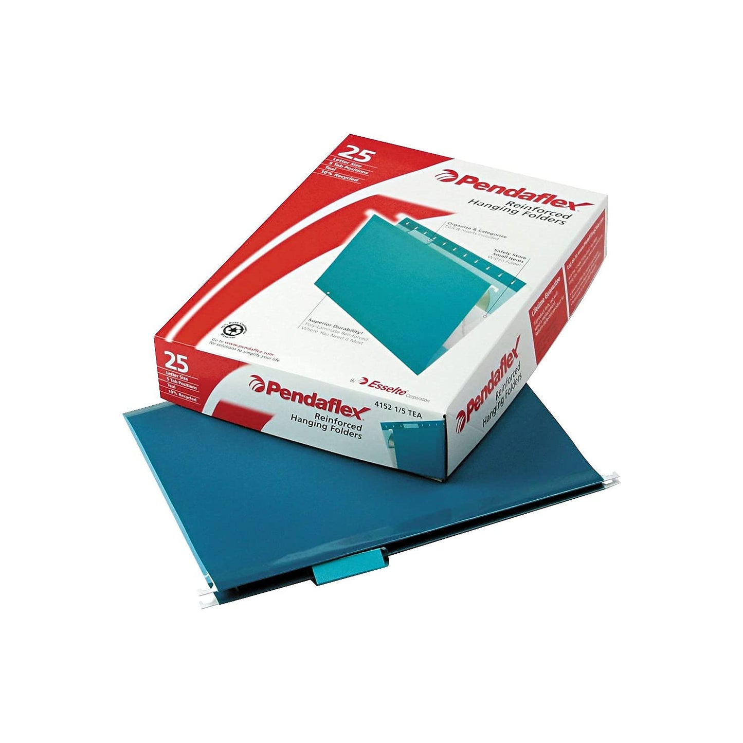 Pendaflex Reinforced Hanging File Folders, Letter Size, Teal, 1/5 Cut, 25/BX (4152 1/5 TEA)