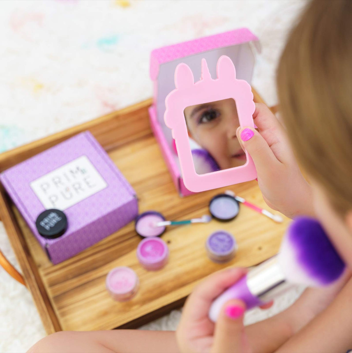 Prim and Pure Mineral Gift Set with Unicorn Mirror| Perfect for Play Dates & Birthday Parties | Kids Eyeshadow Makeup – Mineral | Organic & Natural Makeup Kit for Kids| Made in USA (Pink)