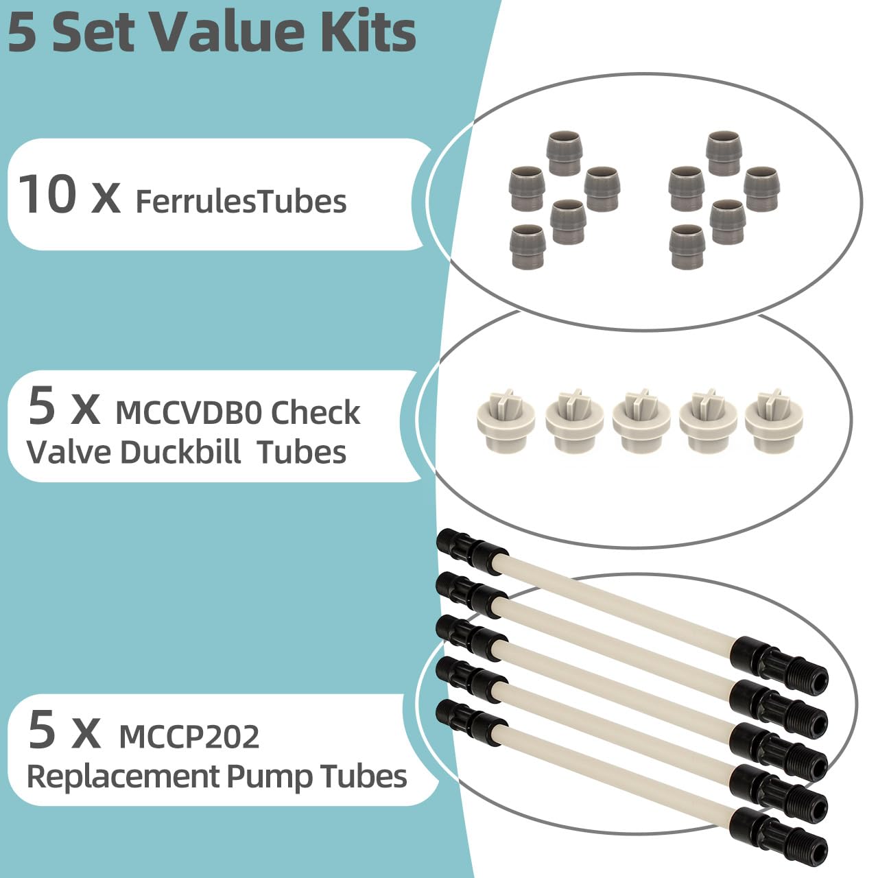 MCCP202 Pump Tube & MCCVDB0 Check Valve Duckbill Replacement Fit for Sten-ner Pump, Pump Tube #2, 0-100 Psi / 0-6.9 Bar, Fits Classic 85Mhp17, 45, 85, Single Head, SVP & M128 Pumps (5 Set)