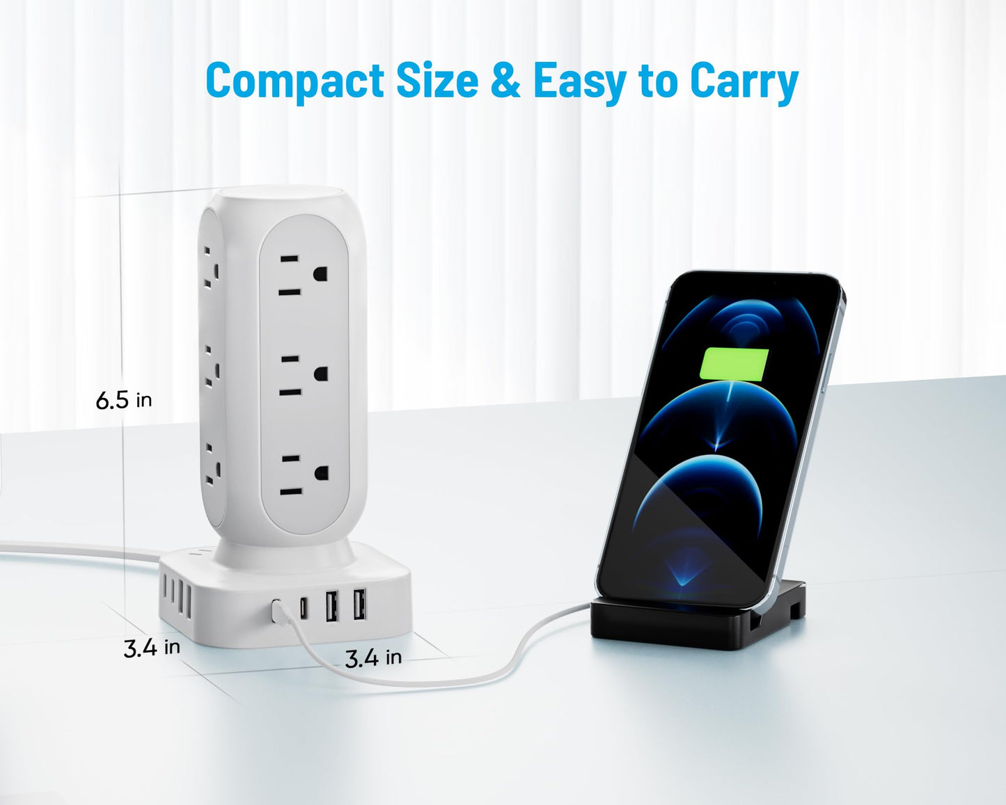 Flat Plug Power Strip Tower, 40W Total Fast Charging Station, Dual PD 20W USB-C Surge Protector with 12 AC Outlets and 8 USB Ports (4 USB C), 10FT Extension Cord for Home Office Dorm Room