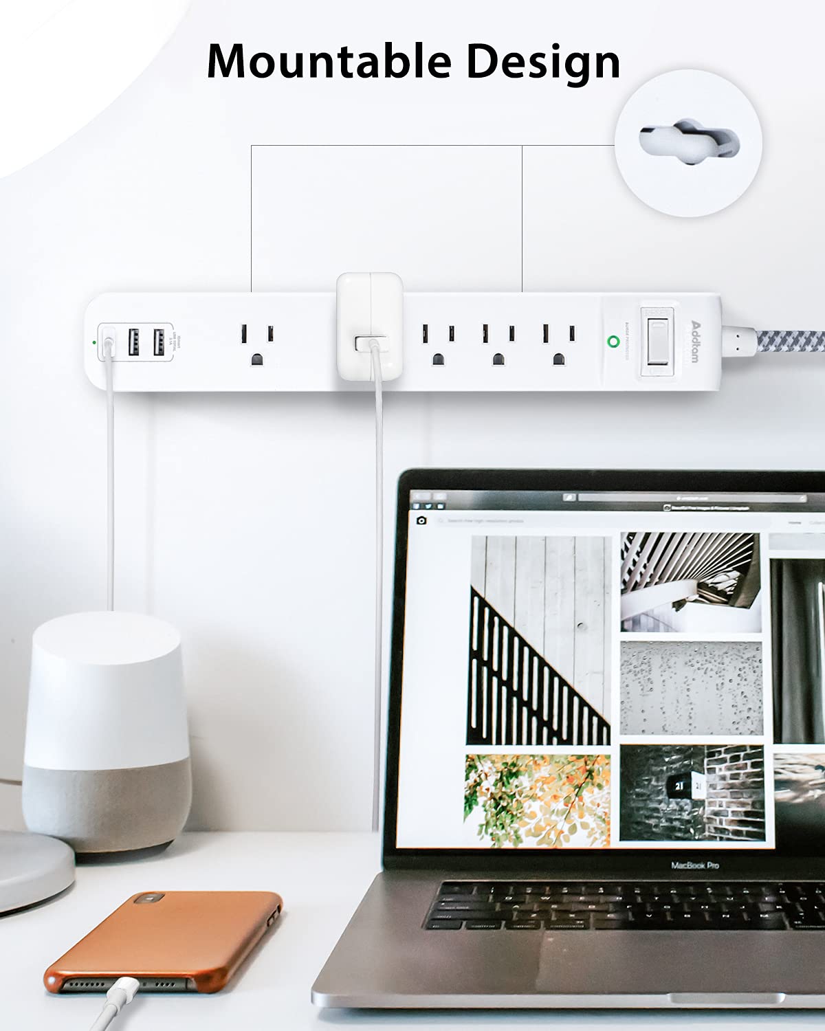 Surge Protector Power Strip - 10 FT Long Extension Cord with 5 Widely AC Outlets 3 USB Ports, Flat Plug with Overload Surge Protection for Home, Office, Dorm Essentials (2 Pack)