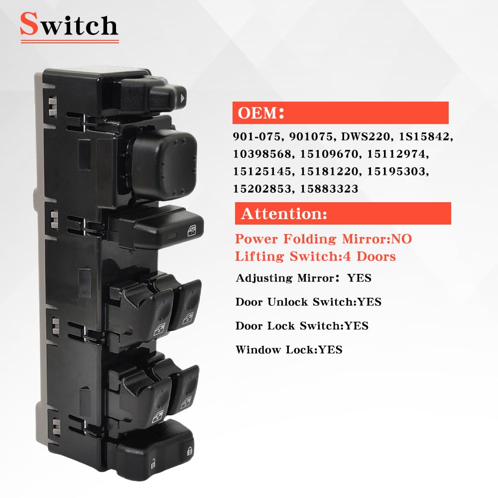 15883323 Front Driver Door Window Control Switch Compatible with 2003-2007 Chevrolet Avalanche Silverado Suburban Tahoe Cadillac Escalade Gmc Sierra, Replace # DWS-220