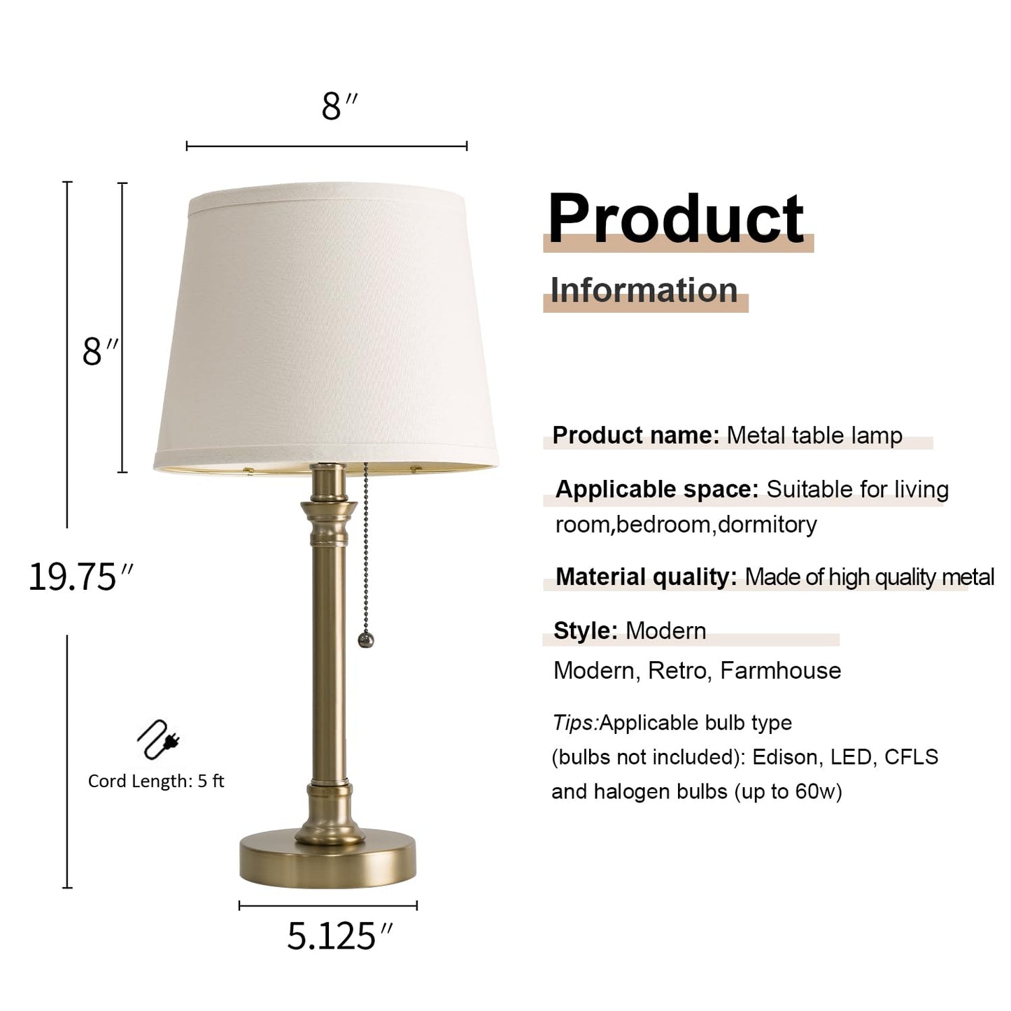 Oneach 19.5” Warm Gold Table Lamps Set of 2, Pull Chain Switch Bedside Table Lamps, Modern Nightstand Lamp with Linen Shade, Small Desk Lamp for Living Room, Bedroom, Home Office, Nursery