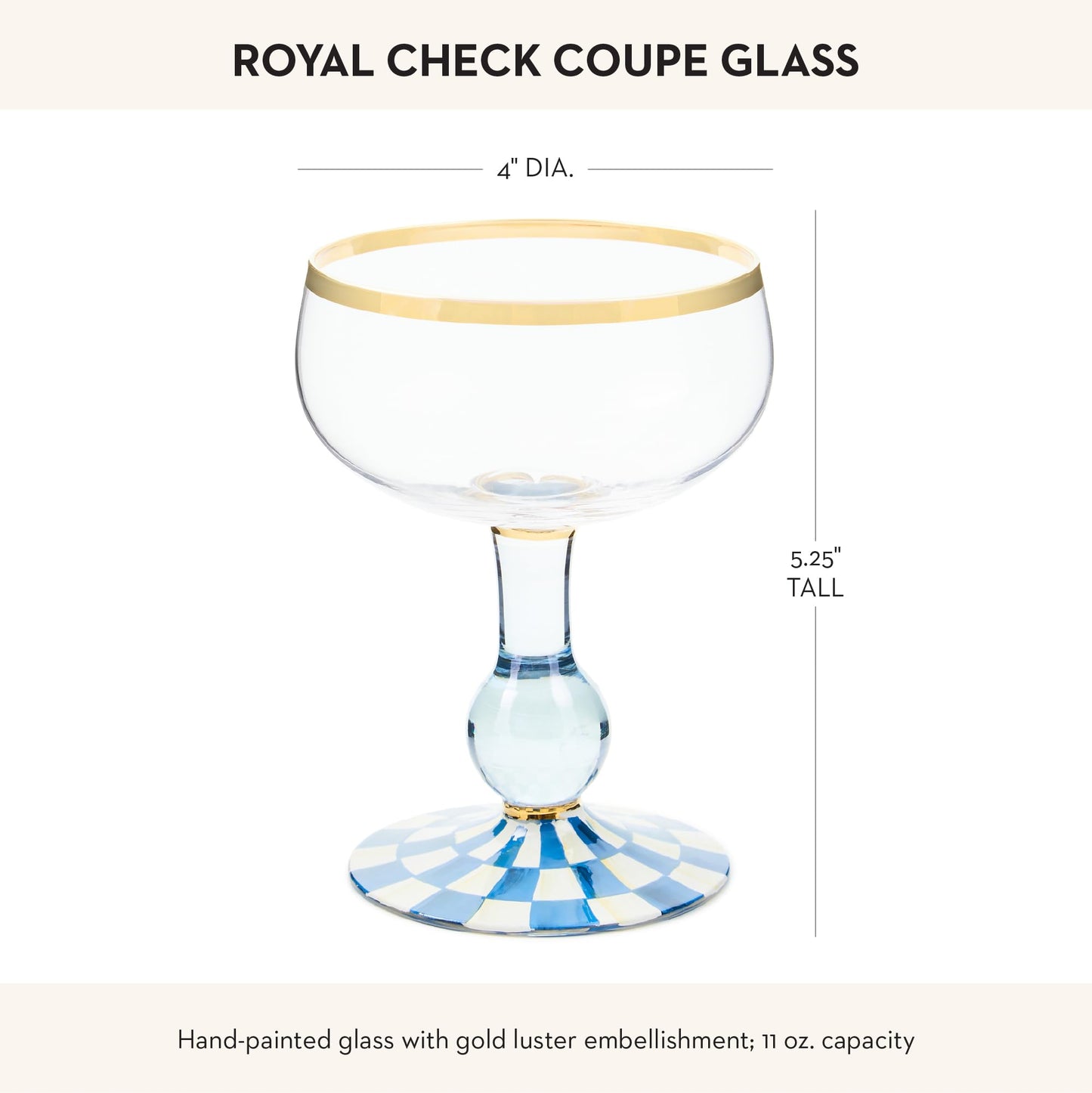 MACKENZIE-CHILDS Coupe Glass, Decorative Stemmed Cocktail Glass, 11 Ounces, Blue-and-White Royal Check