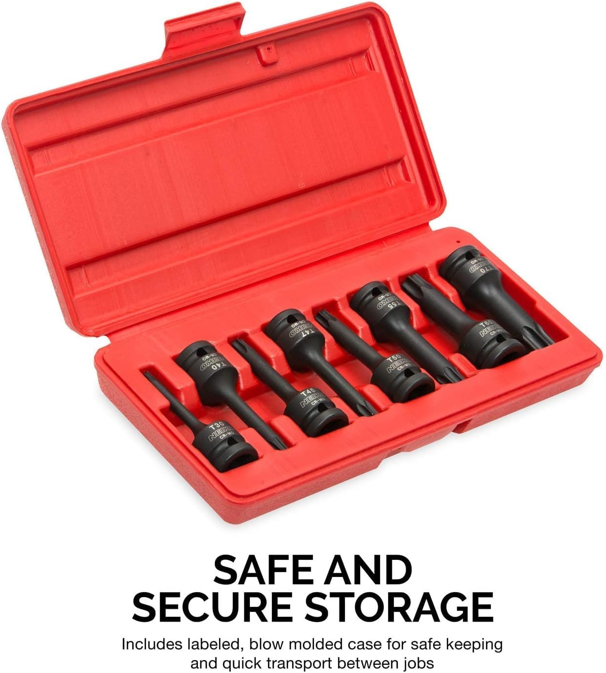 NEIKO 01138B 1/2” Drive Torx Star Driver Bit Socket Set | 8 Piece | T30 to T70 | 3” Length | Cr-Mo Impact Grade