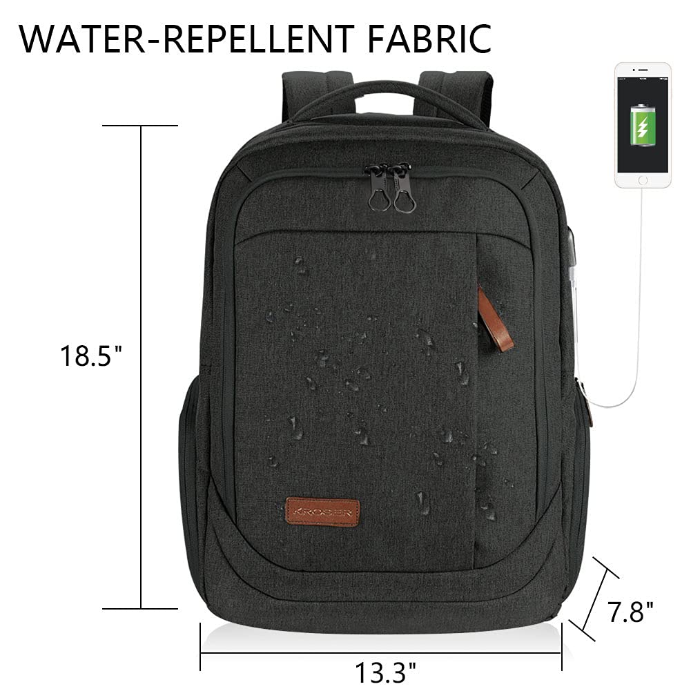 KROSER Laptop Backpack Large Computer Backpack Fits up to 17.3 Inch Laptop with USB Charging Port Water-Repellent Travel Backpack Casual Daypack for Business/College/Women/Men-Charcoal Black