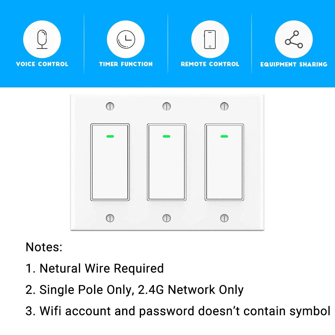 Lesim Smart 3 Gang WiFi Light Switch, 2.4GHz, Compatible with Alexa, Google Home, White, Push Button, Automatically/Smart Switch Operation