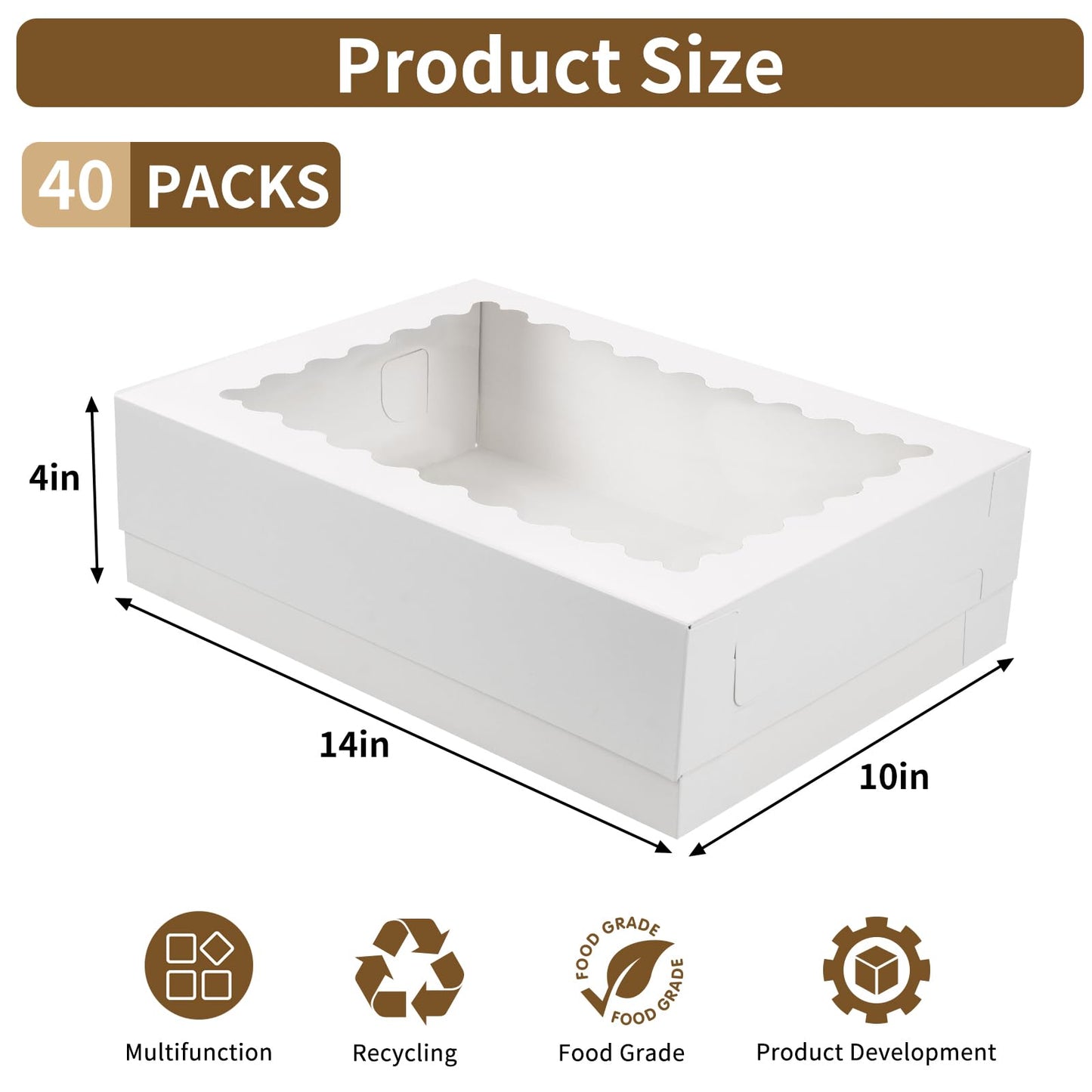 Moretoes 40pcs 14x10x4in Sheet Cake Boxes, Quarter Sheet Bakery Boxes with Window, for Pastry Baking Cake, Cupcakes, Donuts, Cookies, Pie Treat Packaging For Graduation, White Large