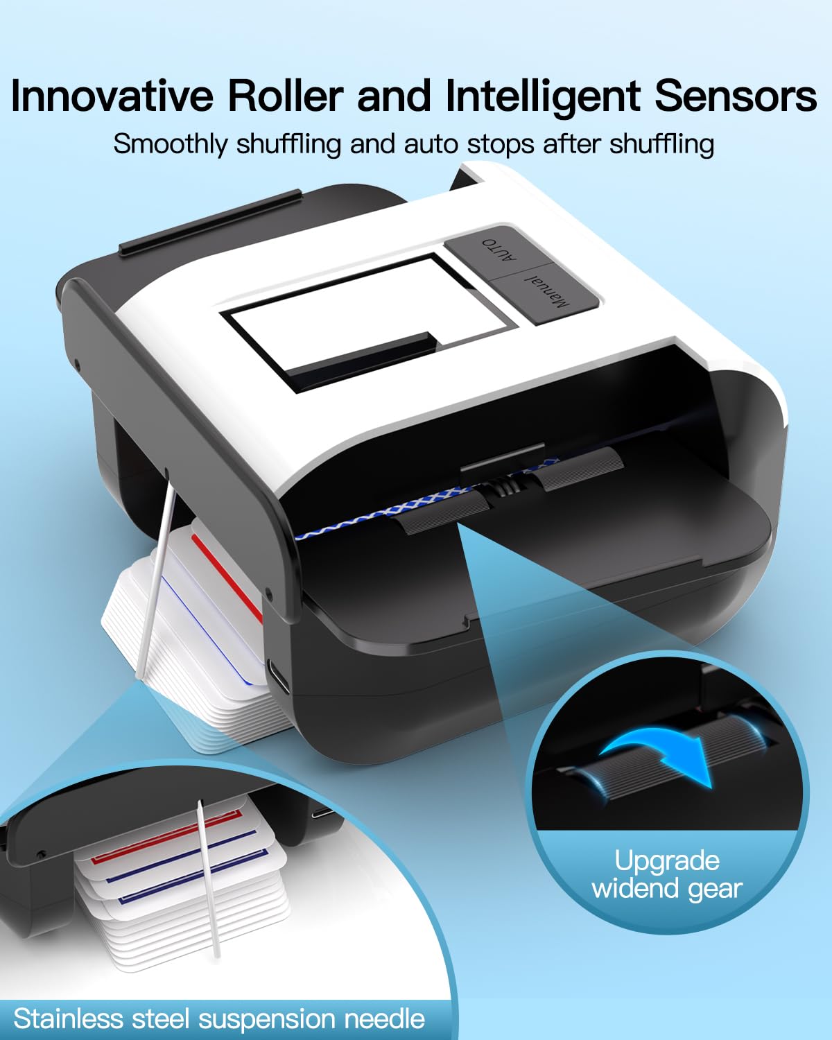 Automatic Card Shuffler, Rechargeable Cards Shuffler Machine with AUTO & Manual Mode, 1-2 Decks Low Noise Electric Shuffling for Poker, UNO, Texas, Blackjack, Skip-Bo, Bridge, Phase 10 -White