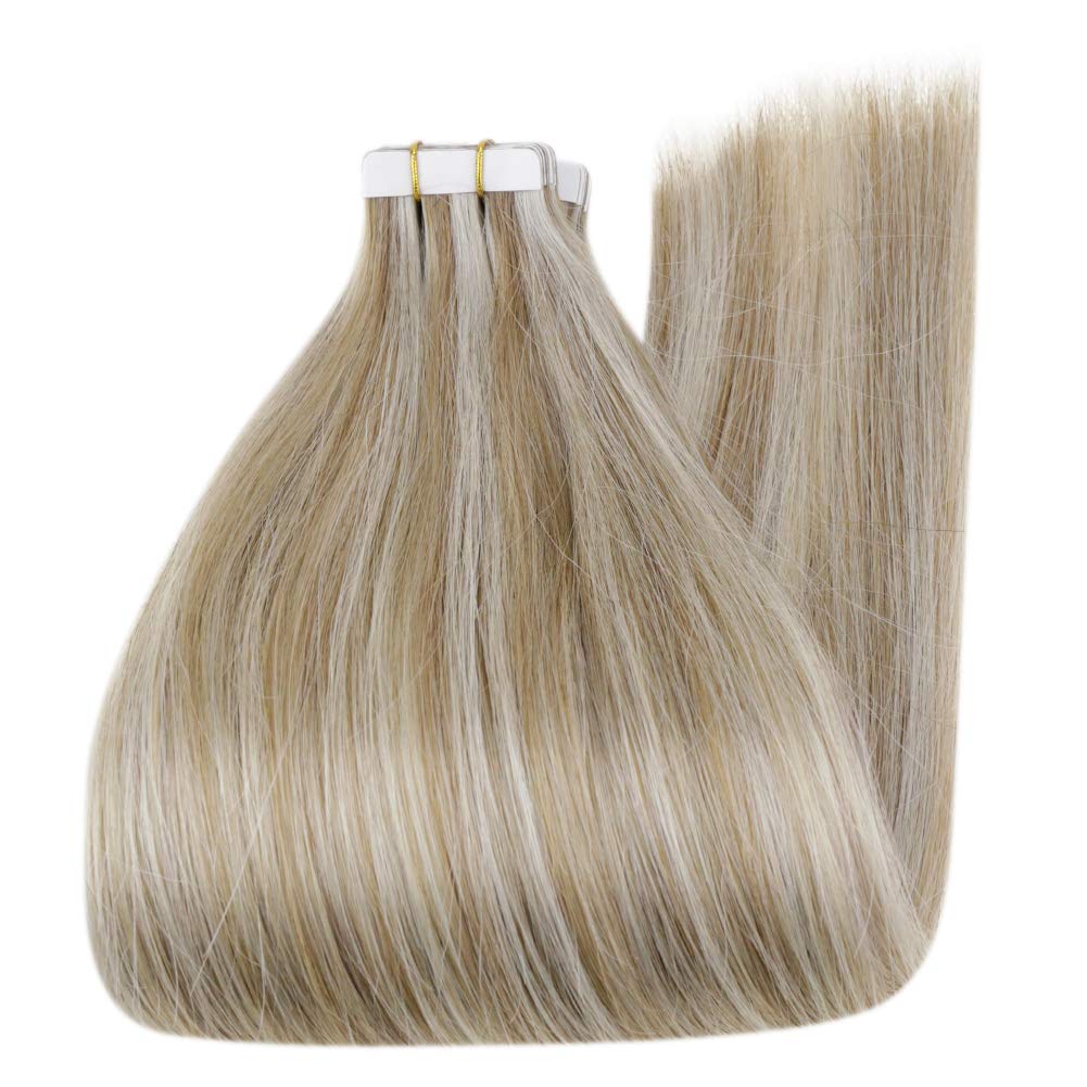 RUNATURE Blonde Tape in Hair Extensions Human Hair 18 Inch Long Tape in Human Hair Extensions Ash Brown Highlight Platinum Blonde Straight Human Hair Tape on Extensions Silky Double Sided 50g 20pcs