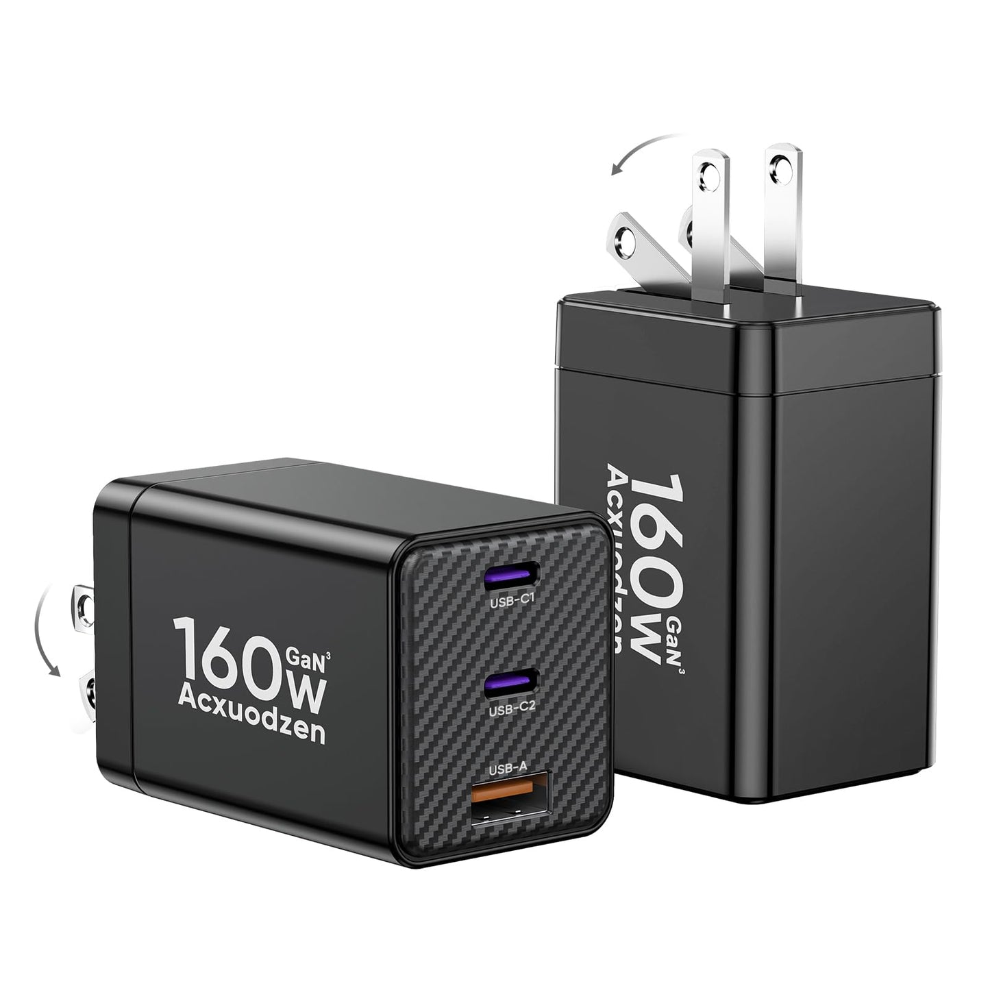 [2 Pack] USB C Charger Block 160W, 3-Port GaN Super Fast Charger, Dual 65W Type C Charging Block, Foldable QC3.0 Laptop Fast Charging for MacBook, iPhone, Samsung, Galaxy, iPad, Android, Black