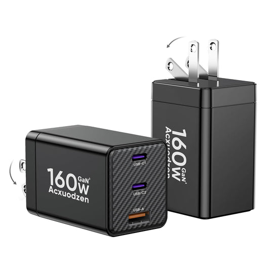 [2 Pack] USB C Charger Block 160W, 3-Port GaN Super Fast Charger, Dual 65W Type C Charging Block, Foldable QC3.0 Laptop Fast Charging for MacBook, iPhone, Samsung, Galaxy, iPad, Android, Black
