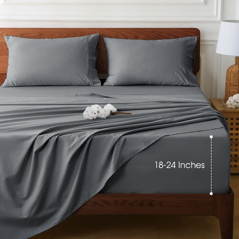 HYPREST Extra Deep Pocket Queen Sheet Sets Fits 18"-24" in Deep Mattress -100% Cotton Queen Sheet Set,Grey Hotel Luxury Soft Wrinkle Free Cooling Sheet Sets for Queen Bed Deep Pocket