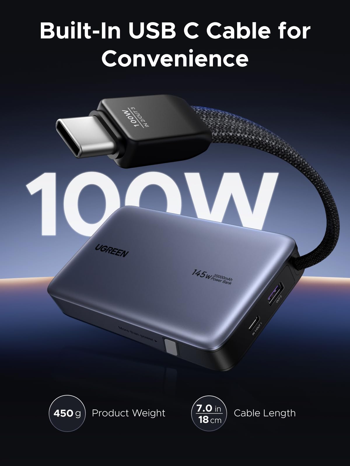 UGREEN Nexode Power Bank, 20000mAh 145W Laptop Portable Charger with Built-in USB-C Cable 72Wh Fast Charging Business Travel Battery Pack for MacBook Pro/Air/ipad/iPhone 17/Samsung S25/Dell/HP/Lenovo