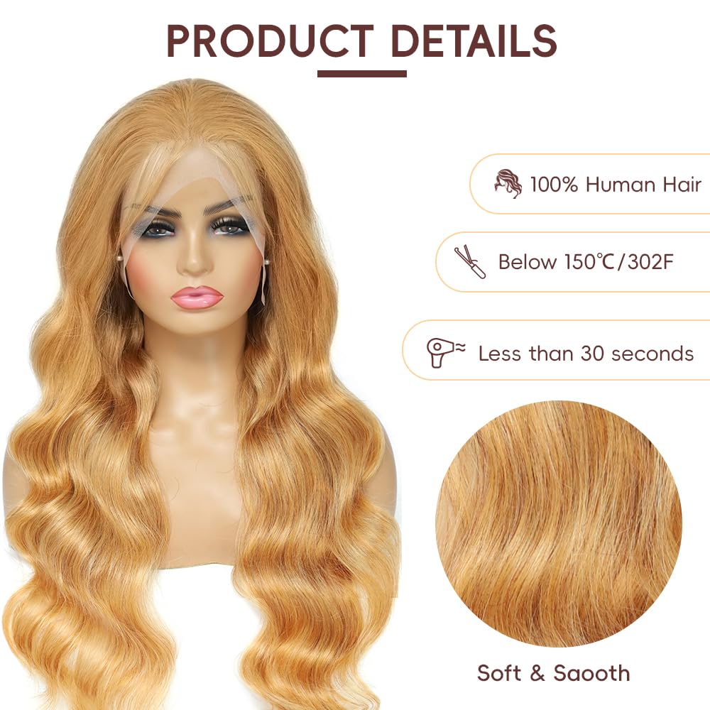 Honey Blonde HD Lace Front Wig Human Hair Pre Plucked Body Wave Honey Blonde Wig Human Hair 200% Density Lace Frontal Wigs Colored 27# 28 Inch