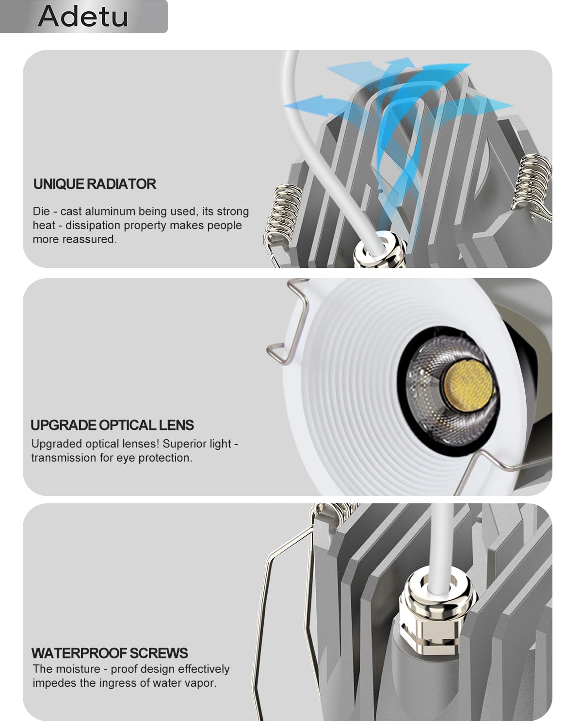 Adetu 2 Inch 5CCT White LED Recessed Ceiling Light with Junction Box, 2700K/3000K/4000K/50000K Selectable, CRI90, 8W COB, 780LM, Dimmable Canless Waferproof Downlight-ETL&FCC (White, 6 Packs)