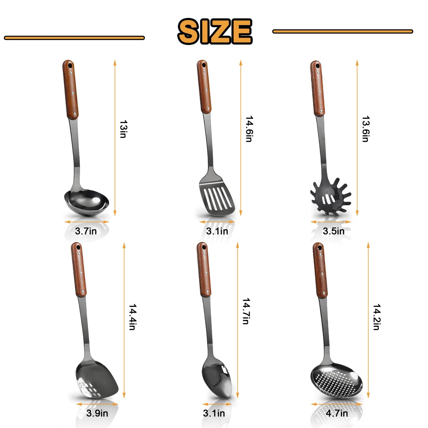 Stainless Steel Mirror Polished Kitchen Utensils Set - 6pcs Cooking Utensils Set with Wooden Handle, Heat Resistant Kitchen Tool Set for Cooking with Turners,Spatula,Ladle,Skimmer,Solid Spoon,Pasta