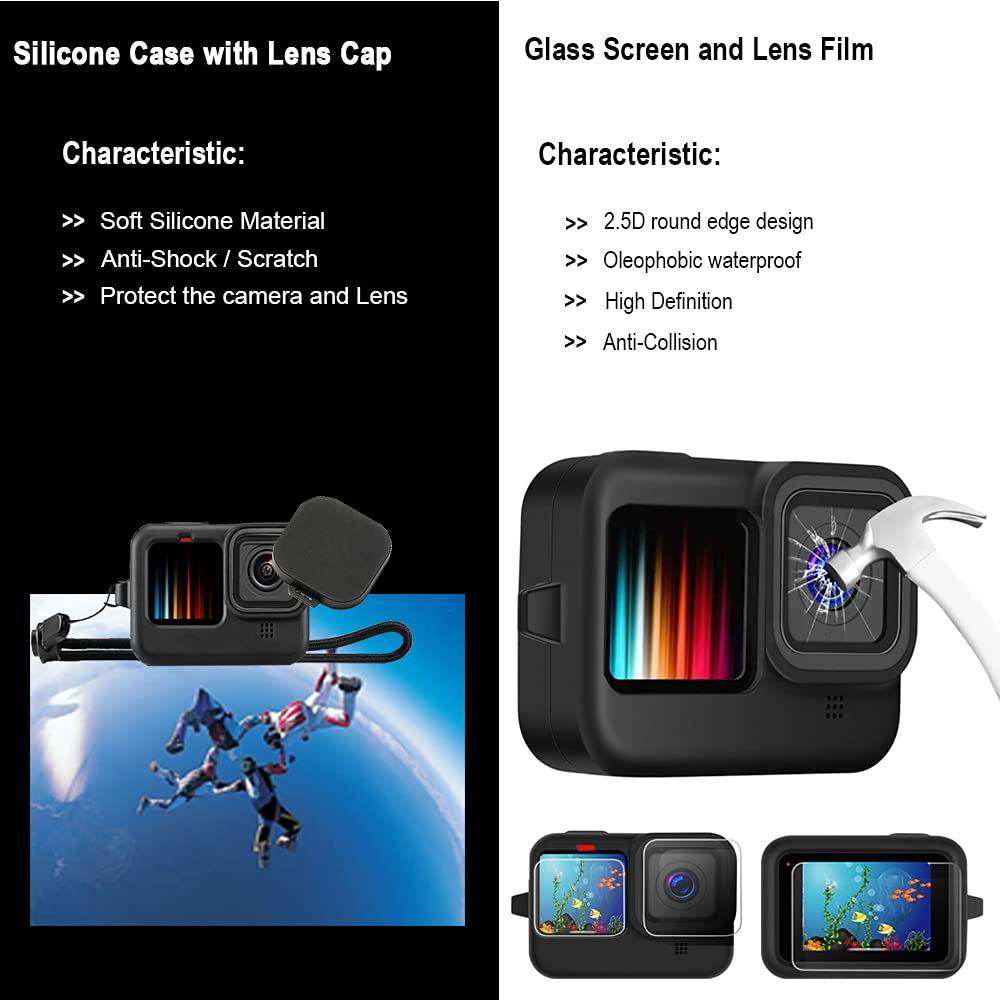Accessories Kit for Gopro Hero 13 12 11 10 9 Black Waterproof Housing Silicone Case Glass Screen Protector Bundle for Go pro Gopro13 Gopro12 Gopro11 Gopro10 Hero13 Hero12 Hero11 Hero10 Camera 62E