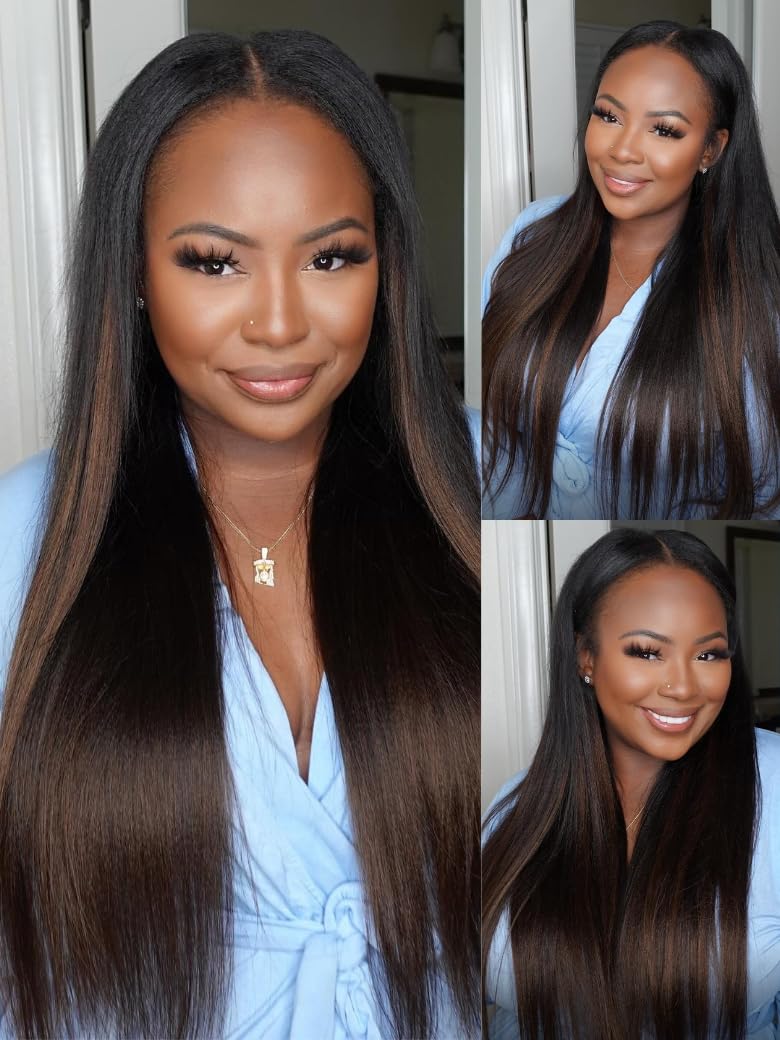 Nadula V Part Yaki Straight Glueless Wig Human Hair Balayage Brown Upgraded U Part Wigs, Highlight Straight V-part Wigs V Shape Clip in Half Wig No Glue Wear and Go No Leave Out 16inch