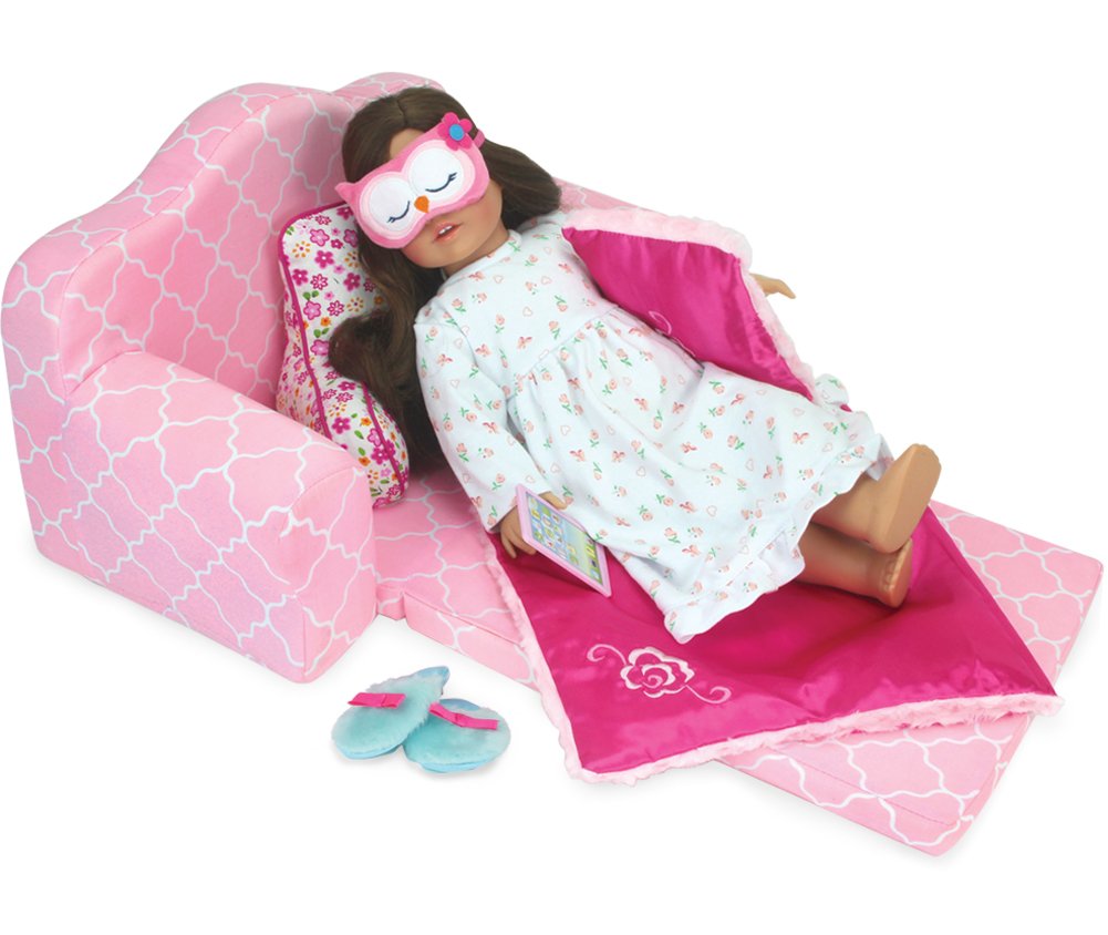 Pink Plush Doll Furniture for 18 Inch Dolls | 2-in-1 Pull Out Sofa Bed Converts to Doll Couch, Perfect for 2 Dolls (the underlined must be included)| Dolls Sold Separately