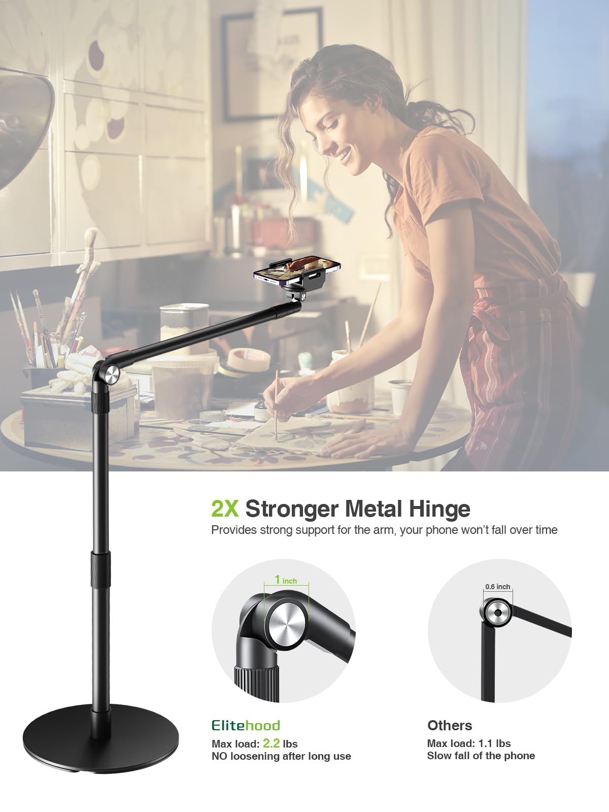 elitehood Heavy Duty Aluminum Overhead Phone Stand, 15 in Long Arm iPhone Holder for Video Recording, 360 Degrees Swivel Tilt Overhead Phone Mount for Filming, Meeting, Cooking, Painting and Crafting