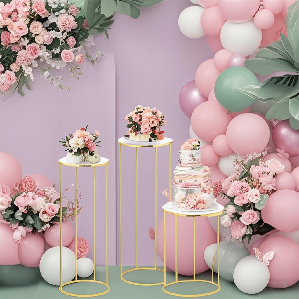 Tectsia 3pcs Metal Cylinder Pedestal Stand for Party, Cilindros Para Decoraciones De Fiestas, Round Cake Pedestal Tables for Wedding Display, Event Decor with Floral Plant, Birthday Backdrop- Gold
