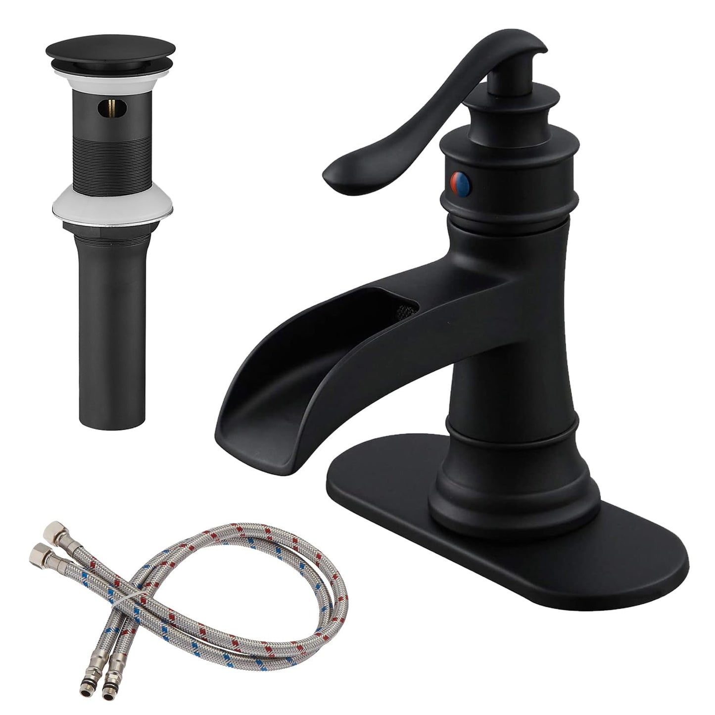BWE Matte Black Bathroom Faucet, Waterfall Bathroom Faucet Sink Lavatory Single Hole Faucets One Handle Bath Antique with Brass Pop Up Drain Stopper Mixer Tap Overflow Water Supply Line