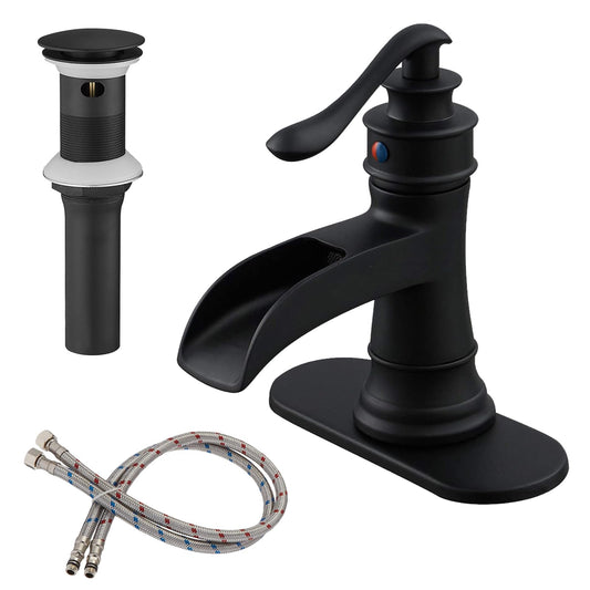 BWE Matte Black Bathroom Faucet, Waterfall Bathroom Faucet Sink Lavatory Single Hole Faucets One Handle Bath Antique with Brass Pop Up Drain Stopper Mixer Tap Overflow Water Supply Line