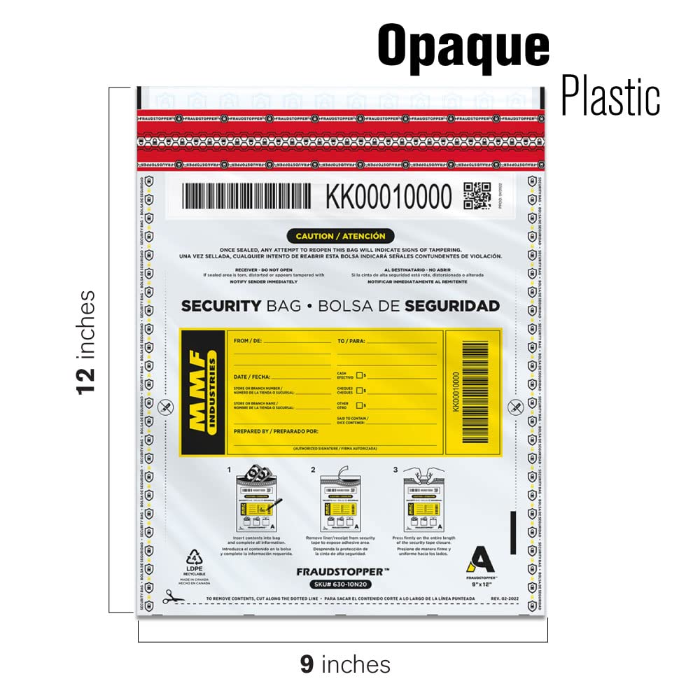 MMF Industries Cash Transmittal Bags | 9W x 12H | Pack of 100 | Unique Alphanumeric Numbering | Self-Sealing Adhesive | Four Tamper Indicators | Folded Bottom | Deposit Plastic Bags