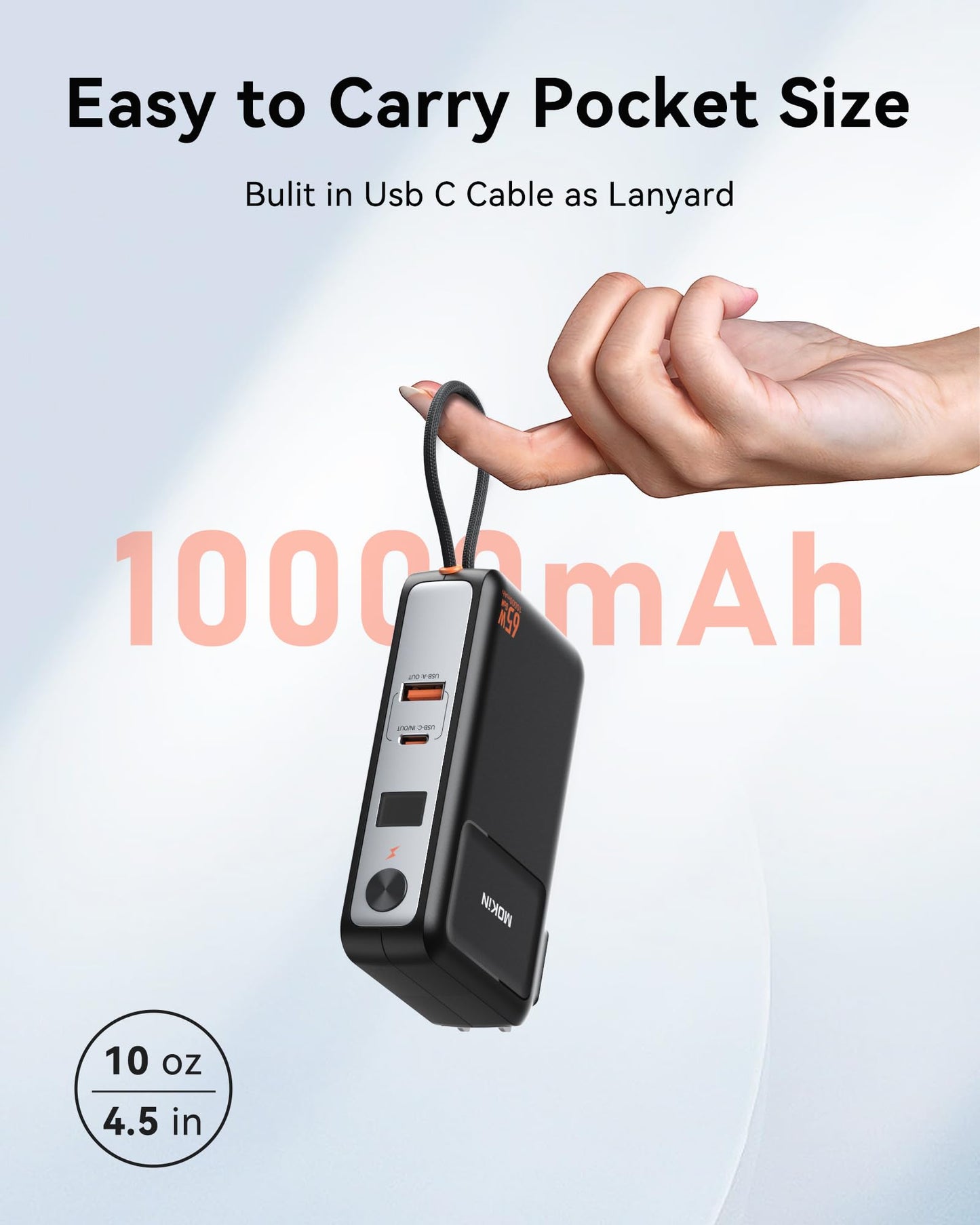 3-in-1 Power Bank with 65W Wall Charger,10000mAh 35W Portable Charger with Built in USB C Cable, 2 Outputs, Foldable AC Plug, Smart Digital Display, Fast Charging Battery Pack for iPhone,Laptop,iPad