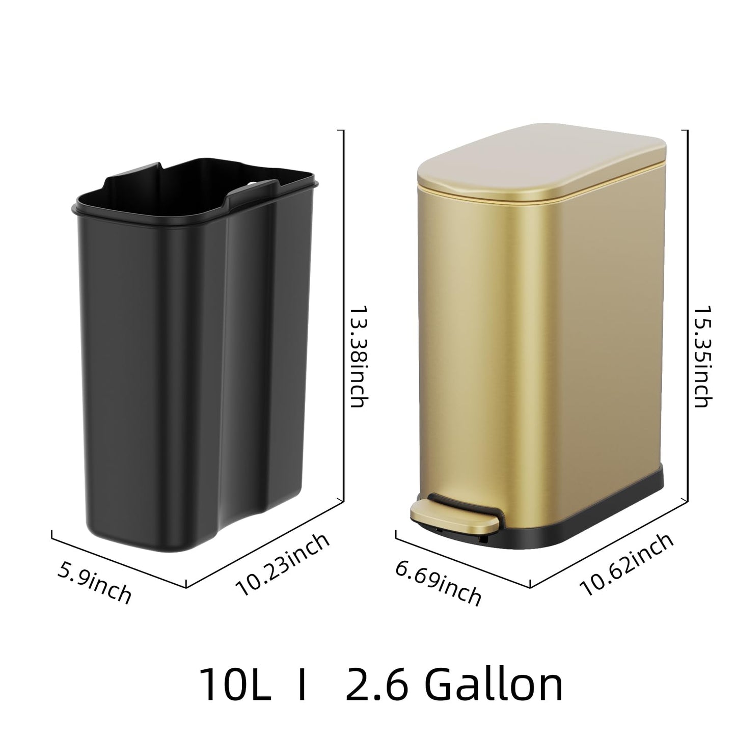 KSSKSS 2.6 Gallon Slim Bathroom Trash Can with Soft Close Foot Pedal, 10L Stainless Steel Garbage Can with Removable Liner Bucket, for Narrow Spaces, Bedroom, Gold