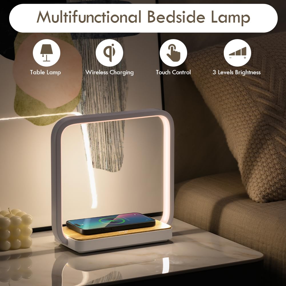 WILIT Bedside Lamp with Qi Wireless Charger, A13 Table lamp 3 Step Dimmable Touch Control Desk Lamp for for Living Room, Bedroom, Kids Room.