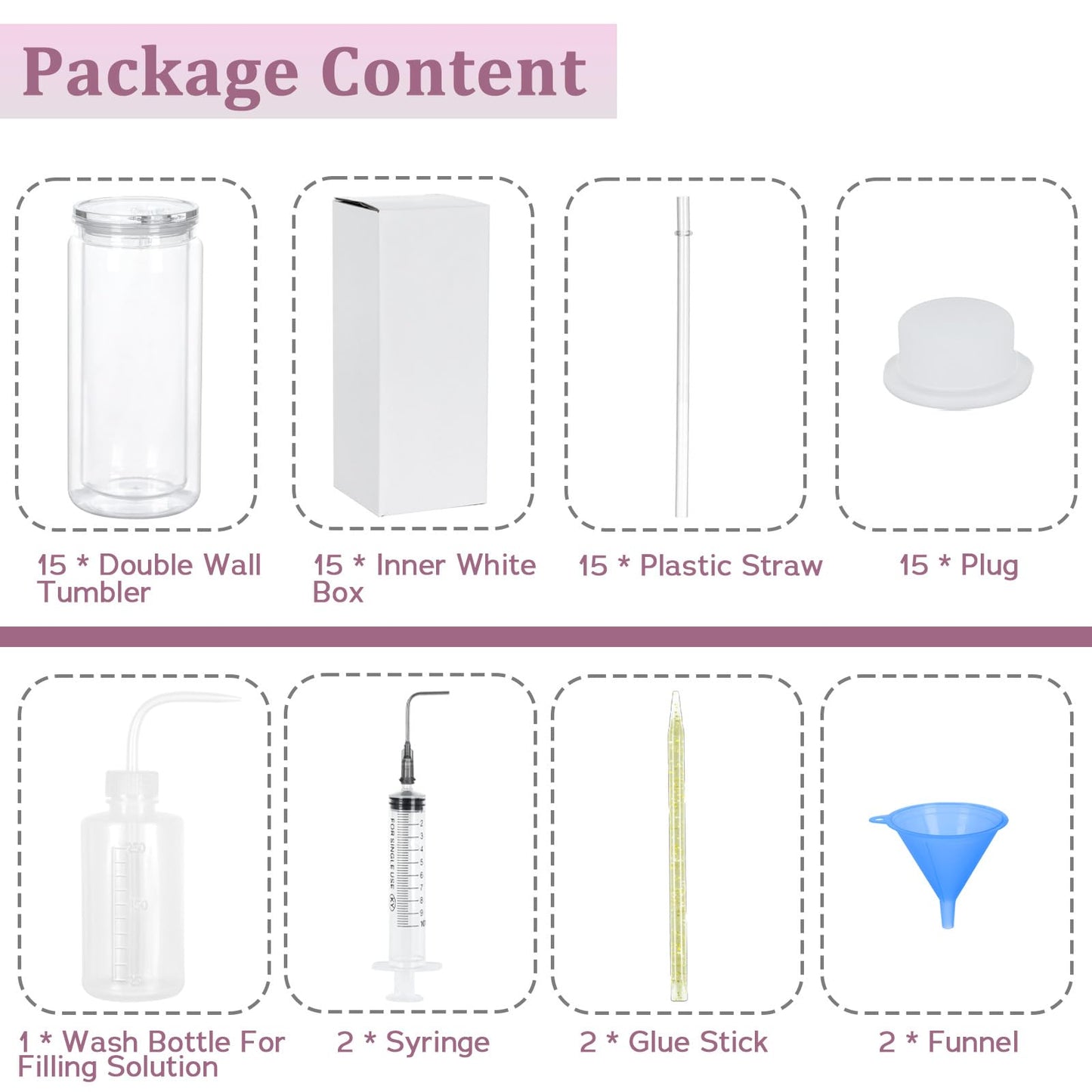 Maucircol 15 Pack Acrylic Snow Globe Tumbler, 20 Oz Pre Drilled Double Wall Snow Globe Supplies Kit, Plastic Snowglobe Tumbler DIY Kit Including Cups and DIY Tools