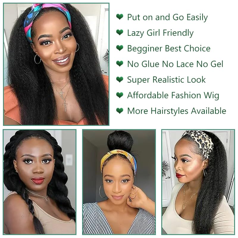 Kinky Straight Headband Wigs Human Hair For Black Women 12A 180 Density Yaki Straight Human Hair Headband Wig Half Wigs For Black Women Headband Human Hair Wig Natural Black 18 inch
