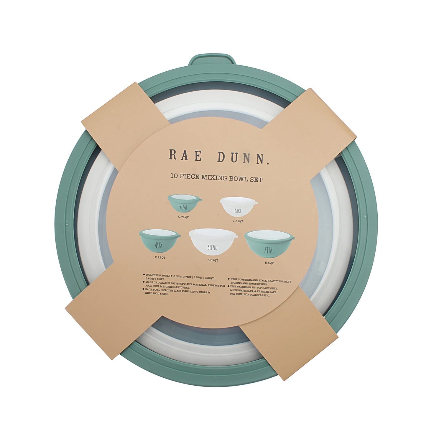 Rae Dunn Mixing Bowls with Lids - 10 Piece Plastic Nesting Bowls Set includes 5 Prep Bowls and 5 Lids (Sage)