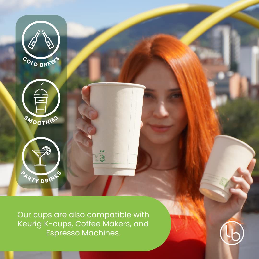 Certified Compostable Coffee Cups by Living Balance | 12oz - 100 cups with Compostable Lids, Stirrers, and Integrated Sleeves