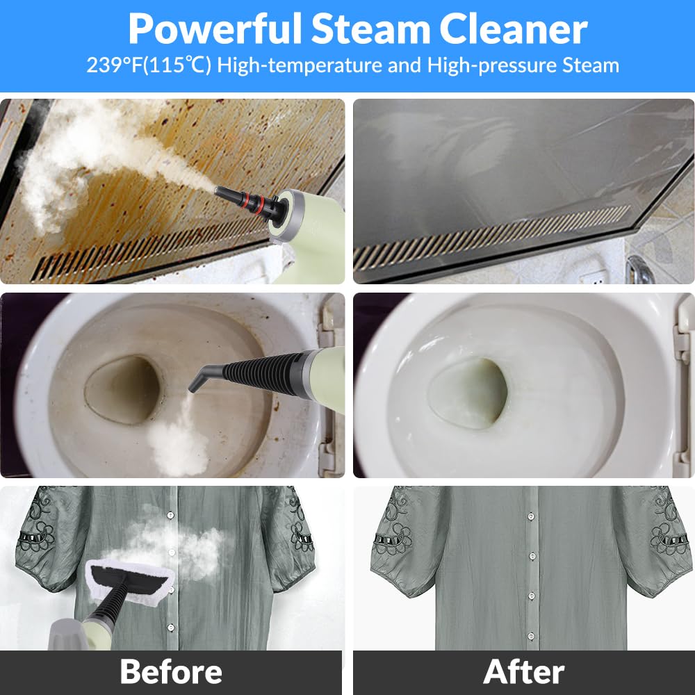 Handheld Pressurized Steam Cleaner with 12 pcs Accessories, Portable Steamer for Cleaning, Steam Cleaner for Home Use, Steamer for Cleaning Car, Furniture, Floor, Upholstery, Grout and Tile, Green