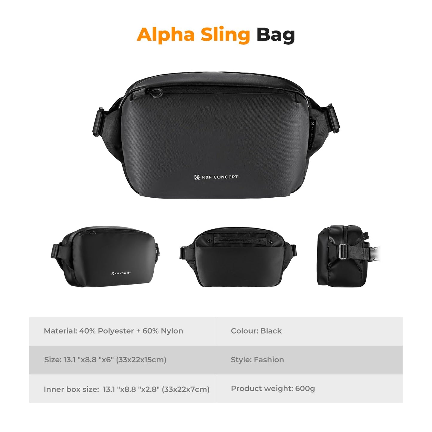 K&F Concept 2 in 1 Sling Bag Everyday Shoulder Bag & Multifunction Photography Crossbody Camera DSLR Backpack Portable Bag Black