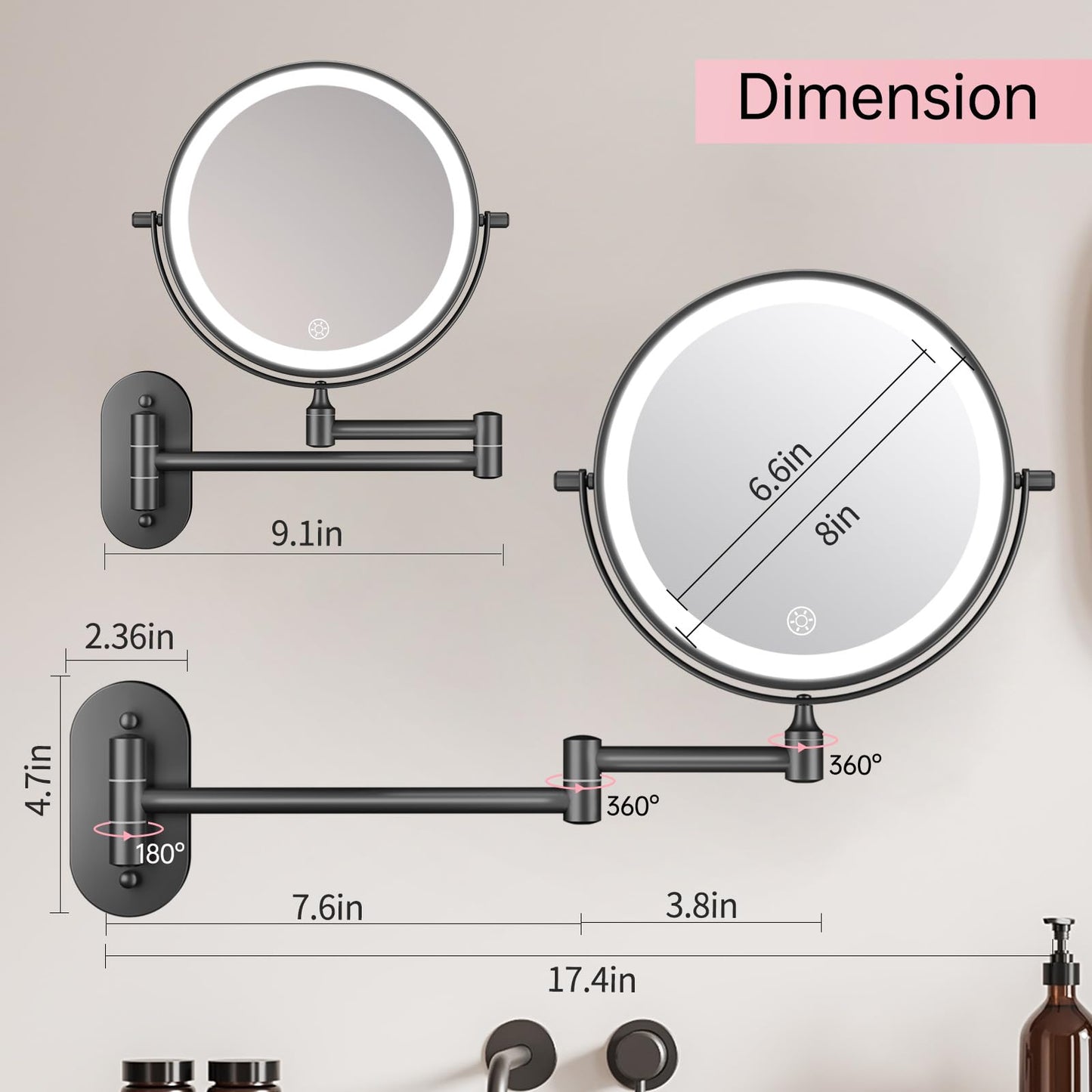 FUNTOUCH 5000mAh Rechargeable Wall Mounted Lighted Makeup Vanity Mirror, Double Sided 1X 30X Magnifying, 3 Color Lighting, Touch Dimming, Extended Arm 360 Rotation Light up Bathroom Mirror Black