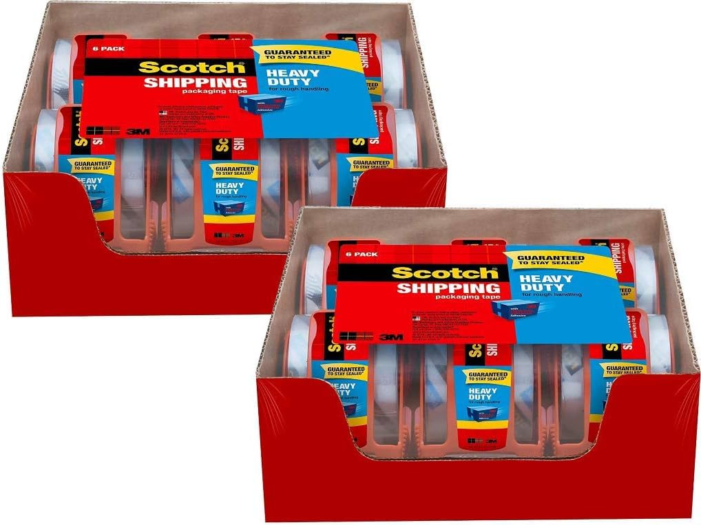 Scotch Heavy Duty Packaging Tape 12 Rolls (1.88" x 22.2 yd, 1.5" Core) - Clear Packing Tape with Dispensers, Strong Adhesive for Shipping, Moving & Mailing, Durable Easy-Unwind Design