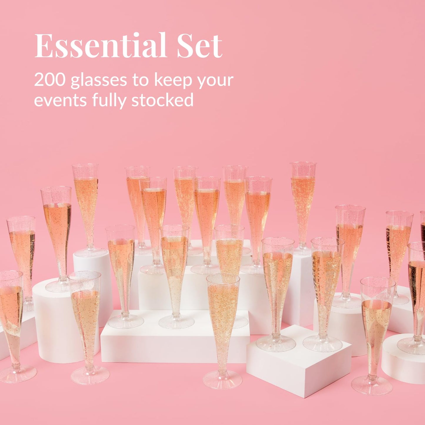 Prestee 200 Disposable Champagne Flutes Plastic 200 Pack - Silver Glitter Champagne Flutes for Weddings, Parties, and New Year’s Eve - 4.5 Oz Plastic Silver Party Glasses