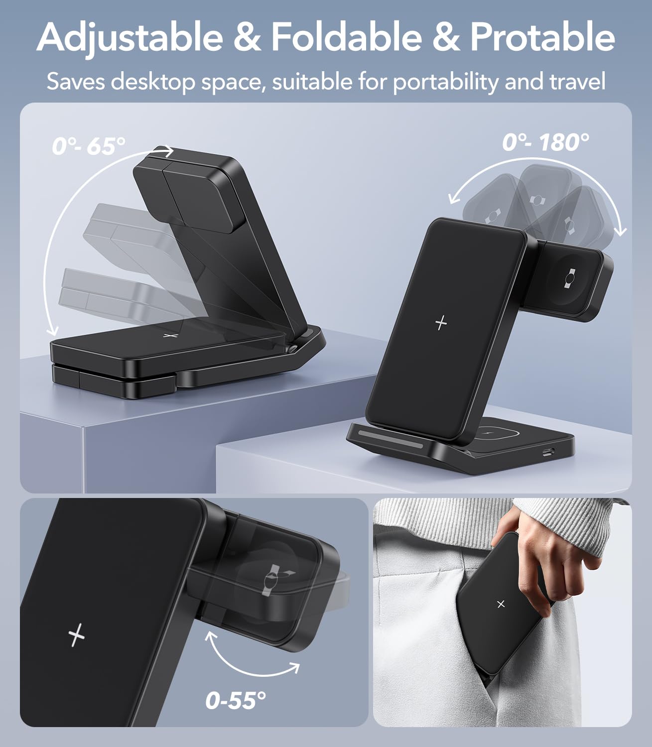 Foldable Wireless Charger for Samsung, 3 in 1 Fast Wireless Charging Station Stand for Samsung Galaxy S24 S23 Ultra/S22/S21/S20/Note 20/Z Flip/Fold 6/5,Galaxy Watch Ultra/7/6/5/5 Pro/4,Galaxy Buds Pro