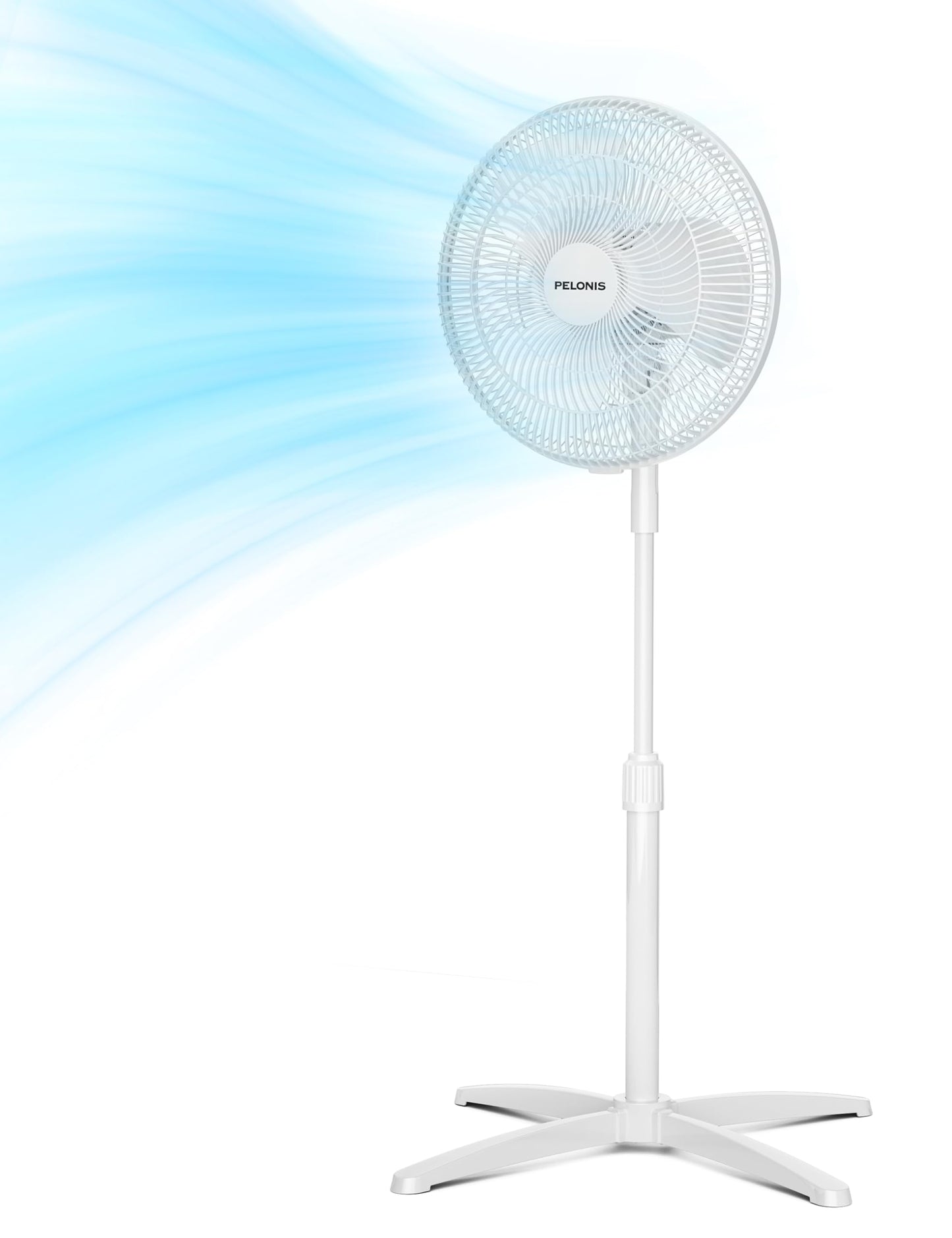 PELONIS 16 inch Pedestal Fan for Bedroom, Oscillating Fan, 3-Speeds, 90° Oscillation, Adjustable Height, Floor Fan, Standing Fan for Living Room, Kitchen, and Home office, White