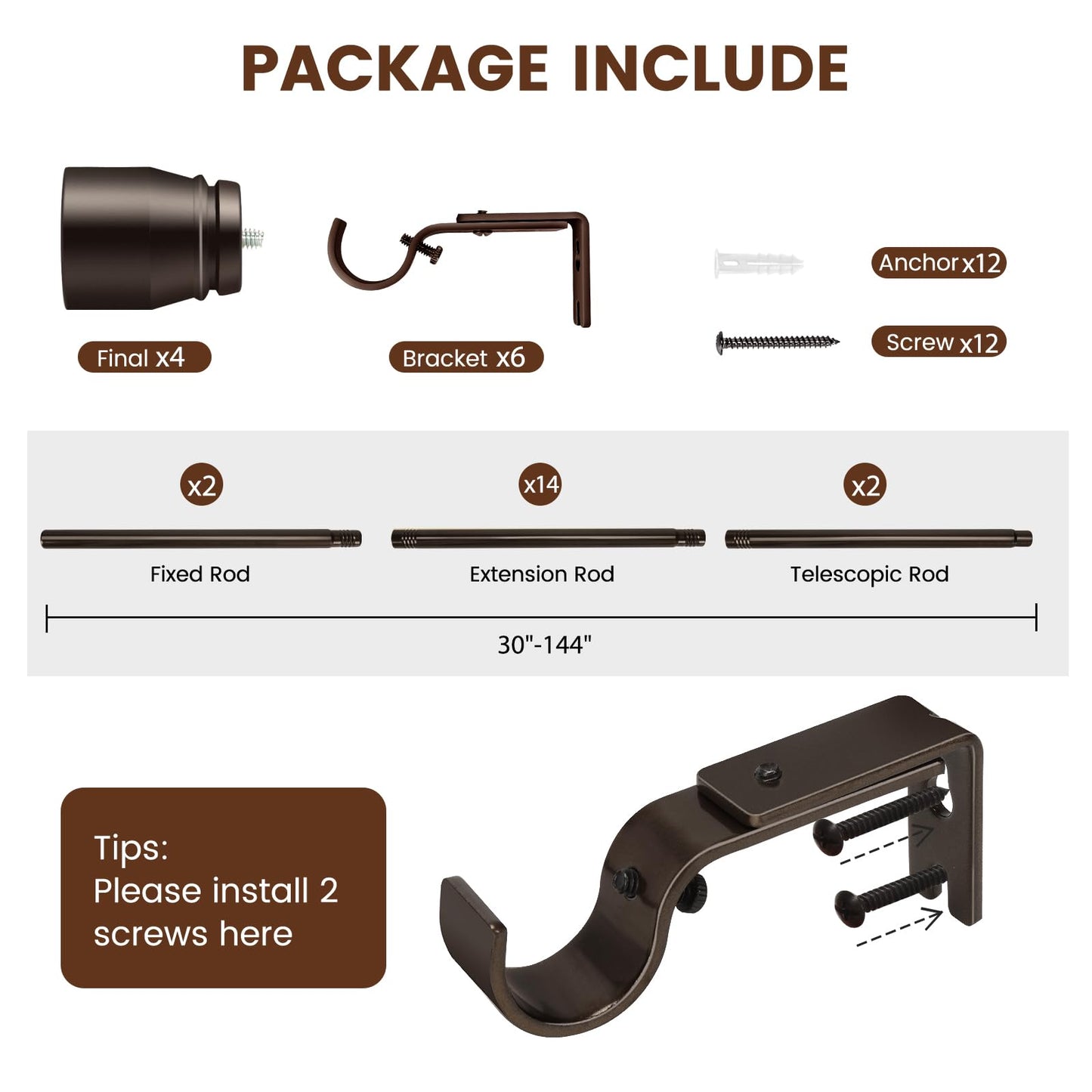 2 PACK 1” Diameter brown curtain rod Itself is 30 to 144 inch. 1 Pack Fits 30-142 inch, 66 to 120 inch Windows with Heavy Duty Adjustable brown curtain rods Splicing Metal Extra Long Curtain Rod