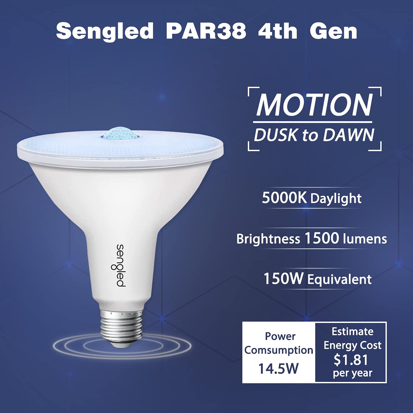 Sengled Motion Sensor Flood Lights Outdoor Dusk to Dawn Security Light Bulbs, E26 Base PAR38 Motion Activated 5000K Daylight, 1500LM, Waterproof LED Light Bulbs for indoor-outdoor, 4 Pack 4rd Gen