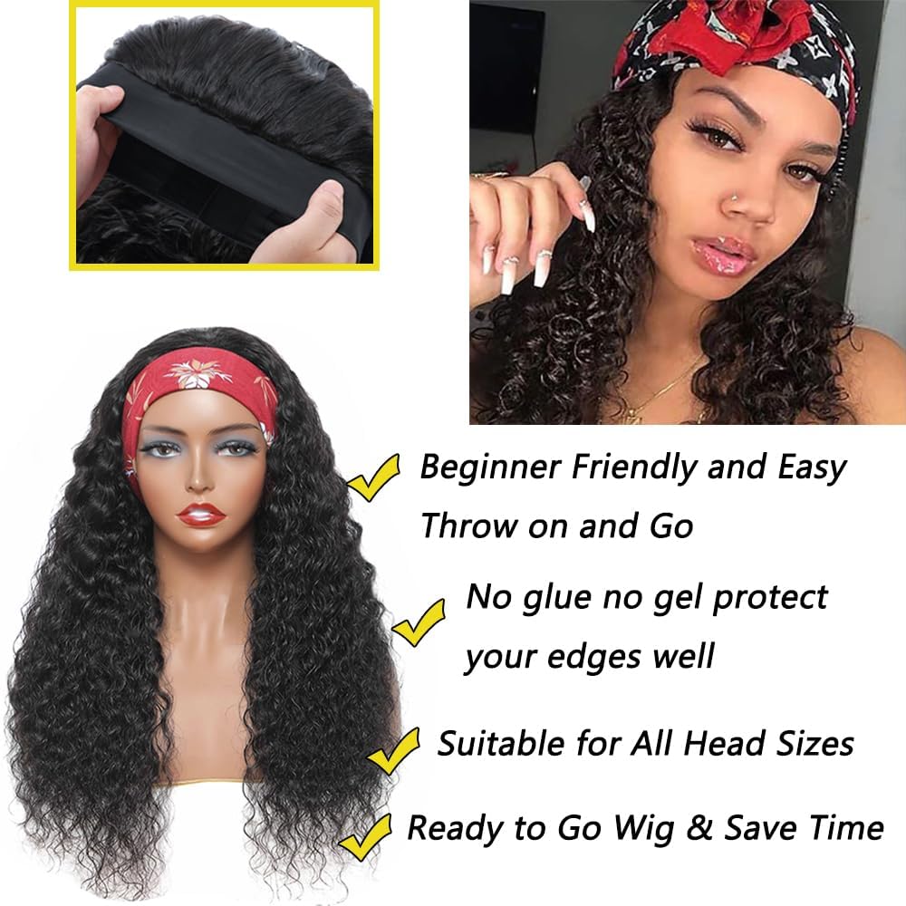 Unvizossa Headband Wig Human Hair Deep Wave 20 Inch Curly Headband Wigs for Black Women Glueless None Lace Front Wig Brazilian Virgin Human Hair Natural Color 150% Density