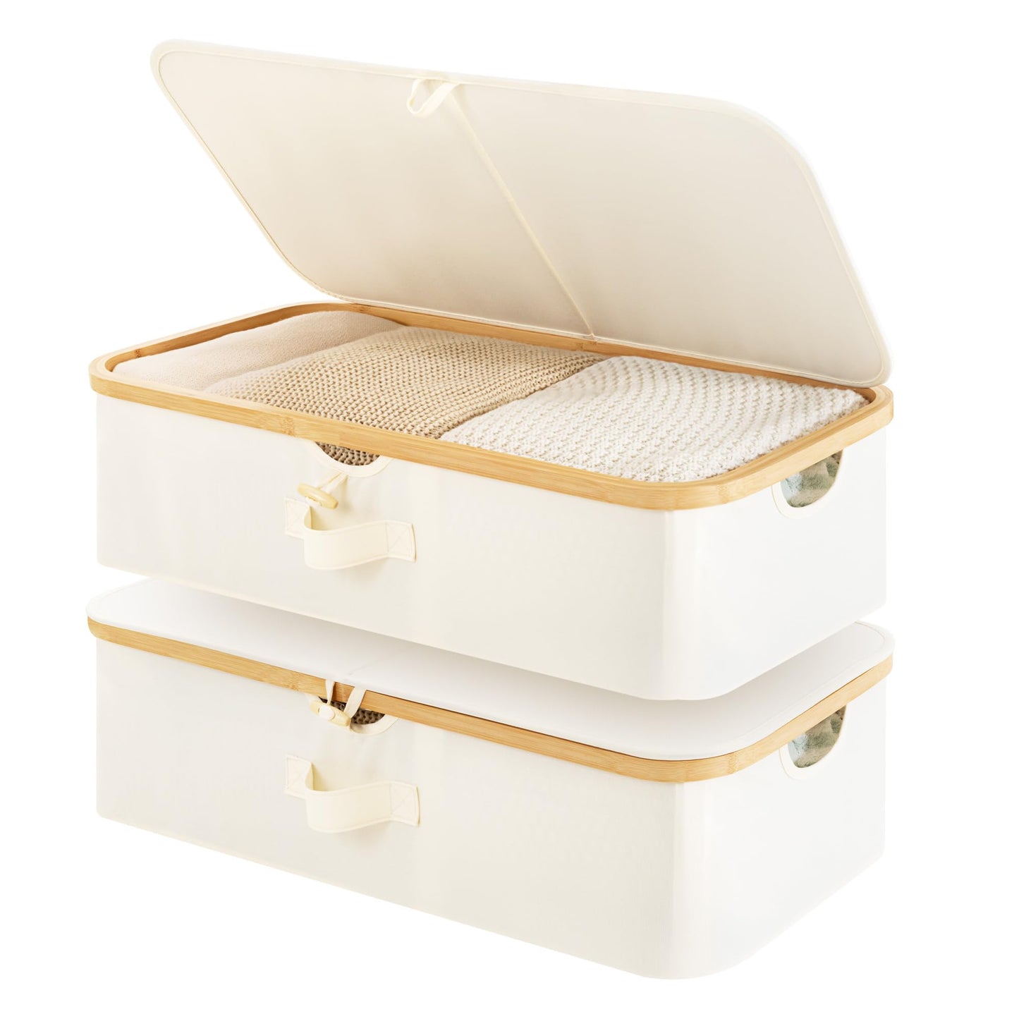 StorageWorks Underbed Storage Containers with Lids, 2-Pack 7" Low Profile Under Bed Storage Box with Bamboo Frame for Clothes, Bedding, Blankets and Shoes, 42L Sturdy Fabric Organizer, Beige