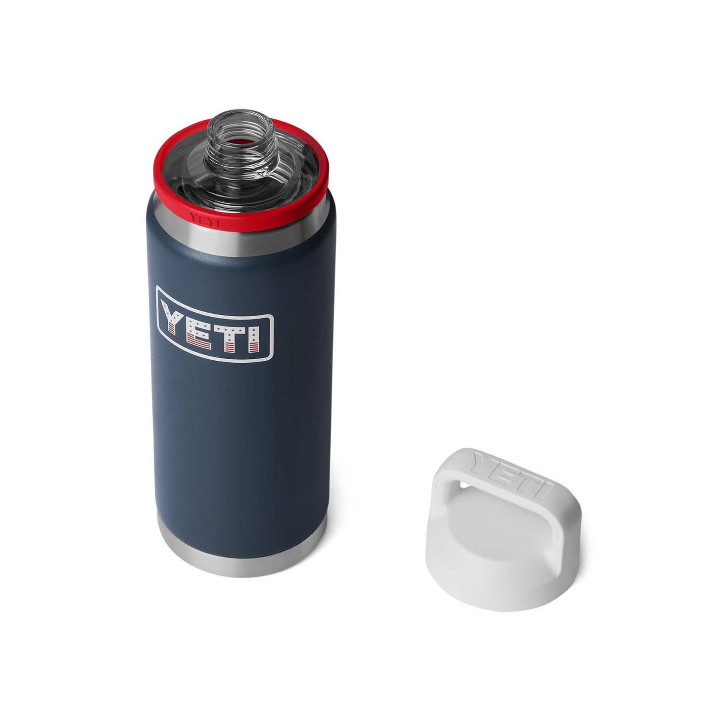 YETI Rambler 26 oz Bottle, Leakproof, Vacuum Insulated, Stainless Steel with Chug Cap, Navy/Rescue Red/White/Badge