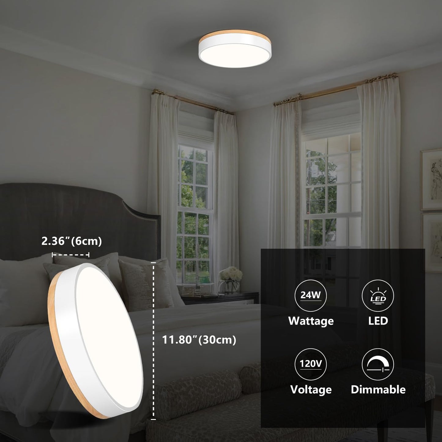 WOKNOS Dimmable Wood Oak Ceiling Light Fixture Modern White LED Flush Mount Ceiling Light 5CCT Minimalist Circle Close to Lighting Fixture for Bedroom Kitchen Bathroom Laundry Room 11.81 Inch
